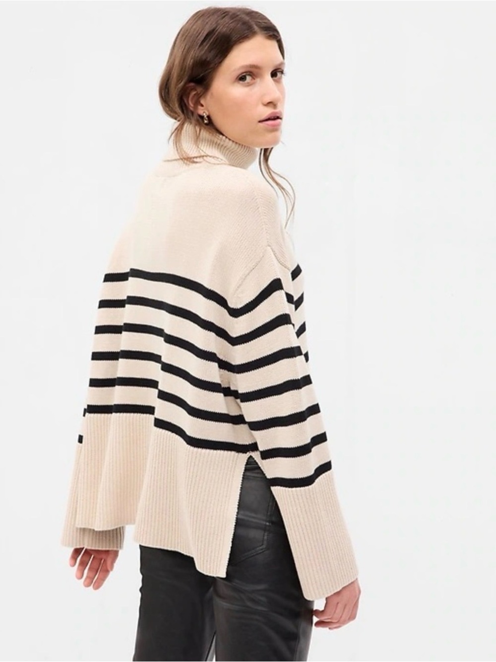 GAP oversized black beige Breton stripe turtleneck sweater 100% cotton